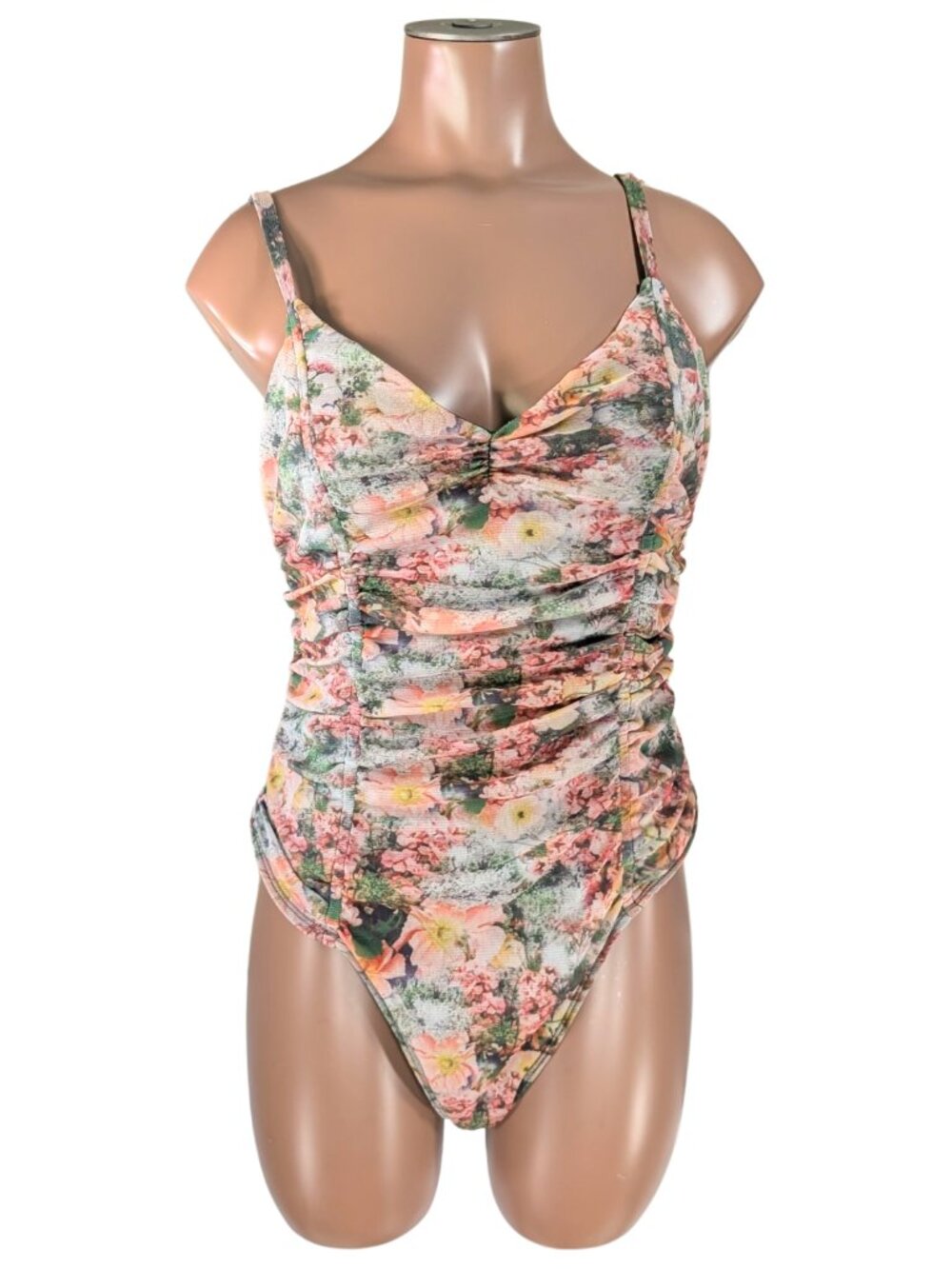 Out From Under Large Floral Lace Lined Adjust Strap Ruched Romantic Body Suit